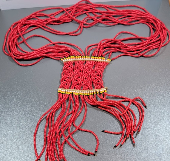 red glass bead necklace Multi strand strong and bold african style