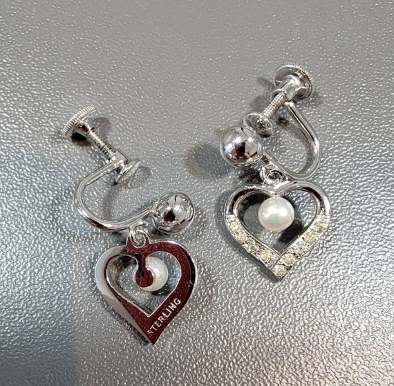 Heart earrings Pearls sterling silver screw on rh… - image 3