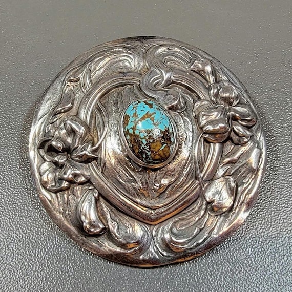 Antique brooch sterling silver turquoise romantic heart brooch art nouveau design heart flowers