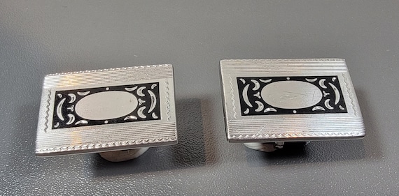 Sterling cufflinks heavy black enamel engravable rectangular