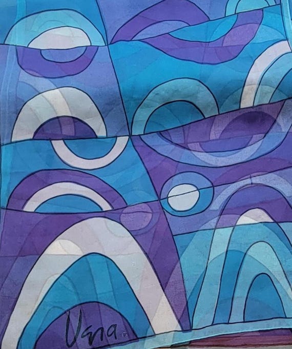 Vera scarf vintage abstract rectangle purple turquoise white chiffon