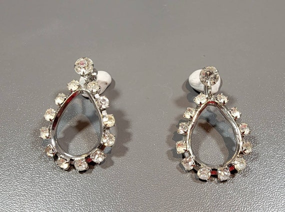 Rhinestone earrings dangle drop silver tone teard… - image 1