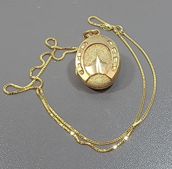 Antique locket horse shoe locket and fleur de lys gold plated base metal sterling chain