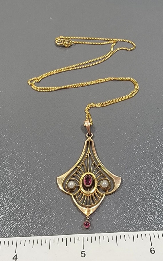 red glass pendant antique necklace fake garnet dr… - image 1