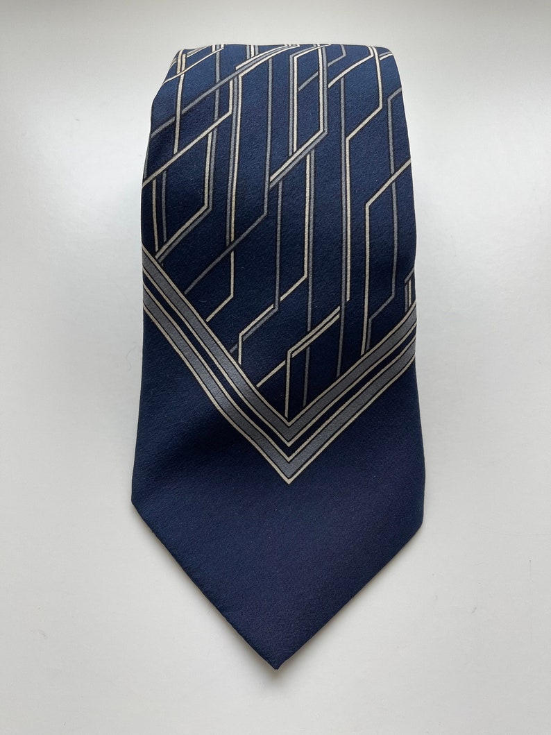 Vintage Lanvin Silk Tie Blue, White, Grey Geometric Design Made in France Bild 1