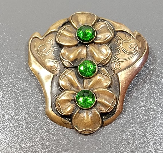 Antique brooch large pansy flowers green rosecut stones brass