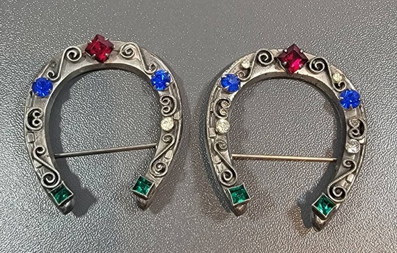 horse shoe brooches pewter rhinestoned large vintage lucky charms