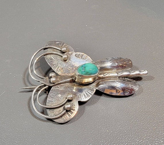 silver butterfly brooch sterling navajo turquoise stone