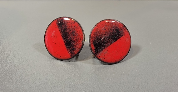 copper earrings vintage mcm enamel red black abstract