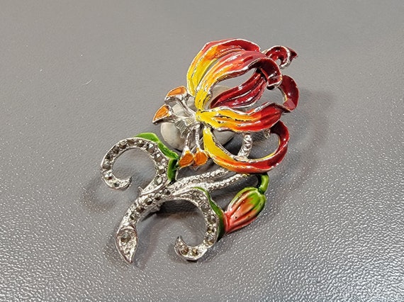 Flower brooch enamel orchid orange red yellow mar… - image 6