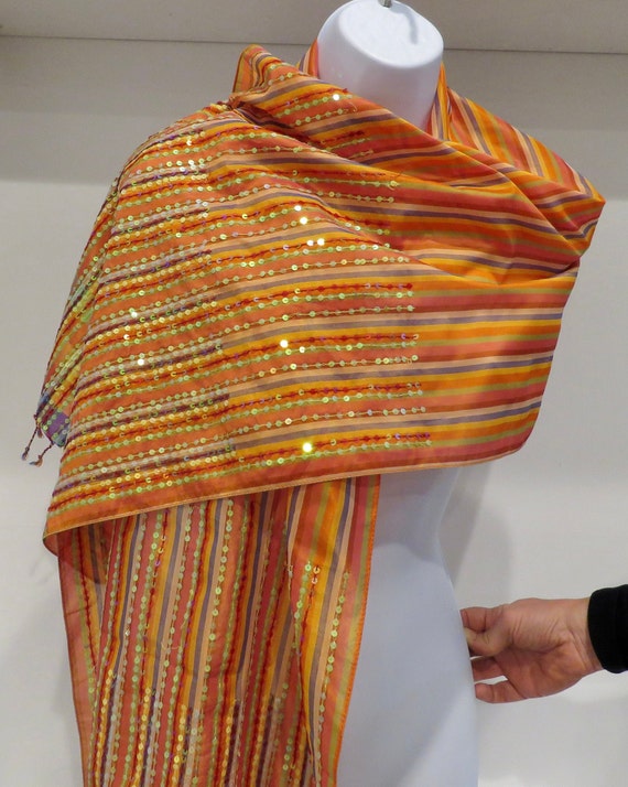 Orange Striped scarf  sequins large oblong scarf … - image 6