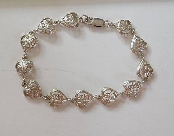 fancy chain bracelet sterling silver hearts vinta… - image 1