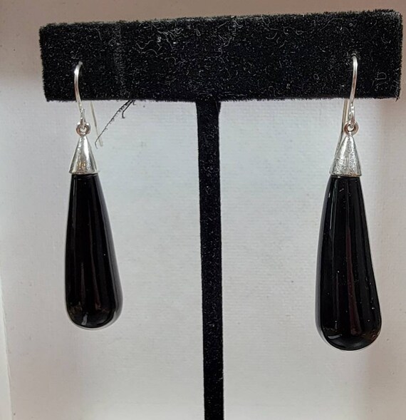 black glass bead earrings silver tone wires teardrop dangles