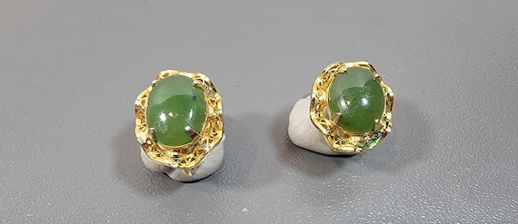 jade earrings oval cabochon shape gold filled filigree settings