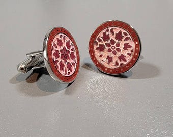 Paul Smith cufflinks round with pink and wine color design silver tone metal nos