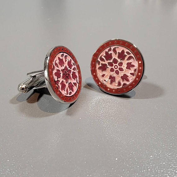 Paul Smith cufflinks round with pink and wine color design silver tone metal nos