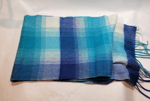 Turquoise and cobalt blue plaid scarf high quality