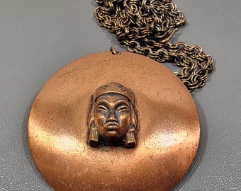 copper necklace woman's face long chain boho pendant
