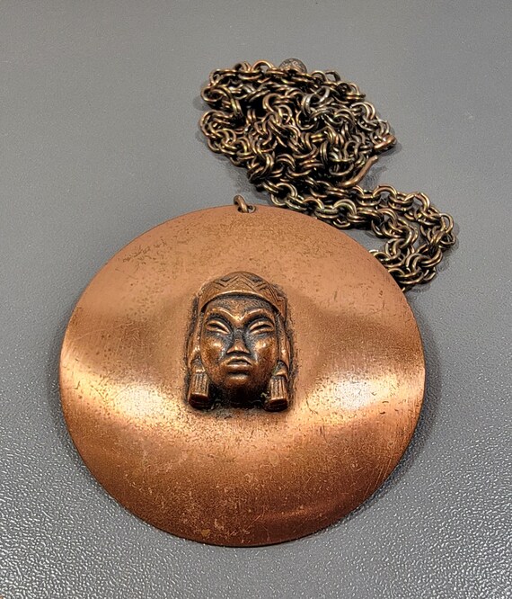 copper necklace woman's face long chain boho pendant
