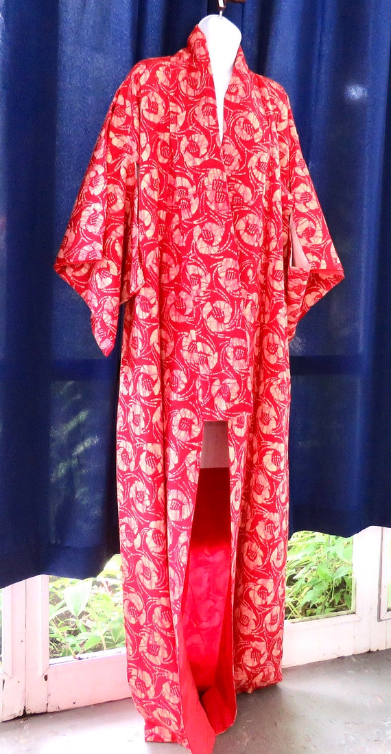 kimono red and white casual fabric vintage wool ki