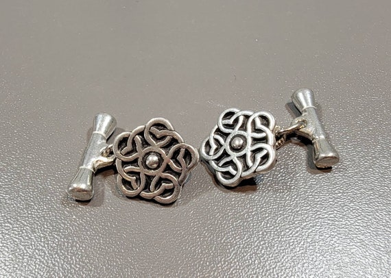 pewter tone metal cufflinks celtic symbol pentagon shaped flowers