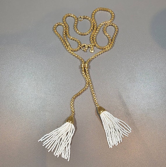 Lariat necklace white bead tassel box chain j. cr… - image 2