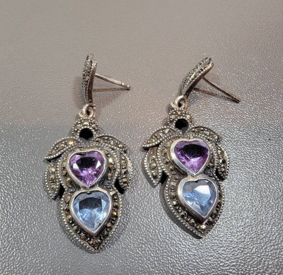 Deco earrings, sterling silver crystal, and marcasite romantic heart earrings pierced