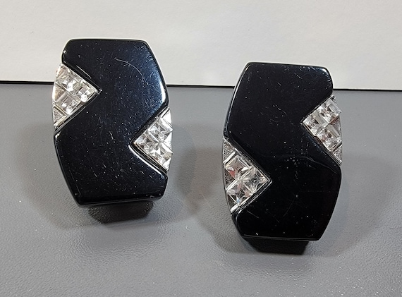 deco style earrings black lucite rhinestone