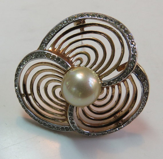 Trifari Pearl Brooch Large Trifoil RETRO - image 4