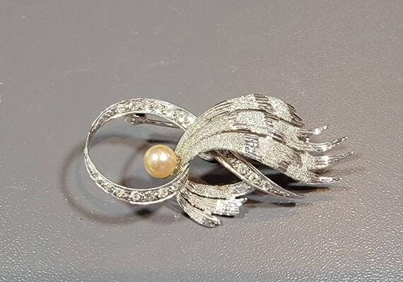 modernist brooch faux pearl sterling silver rhine… - image 5
