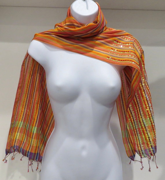 Orange Striped scarf  sequins large oblong scarf … - image 5
