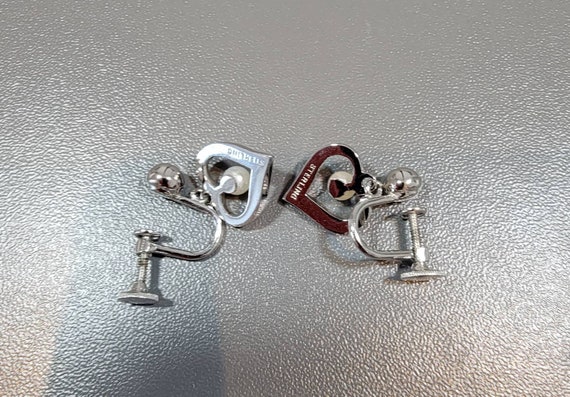 Heart earrings Pearls sterling silver screw on rh… - image 4