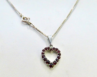 Garnet heart pendant open heart rose cut stones Sterling silver love token