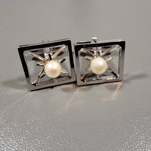 faux pearl cufflinks modern design silver tone wedding