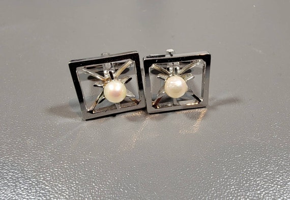 faux pearl cufflinks modern design silver tone wedding