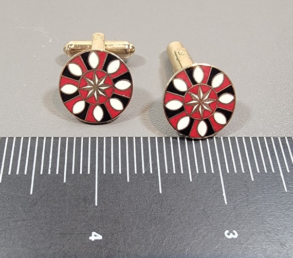 enamel cufflinks red black gold tone vintage - image 3