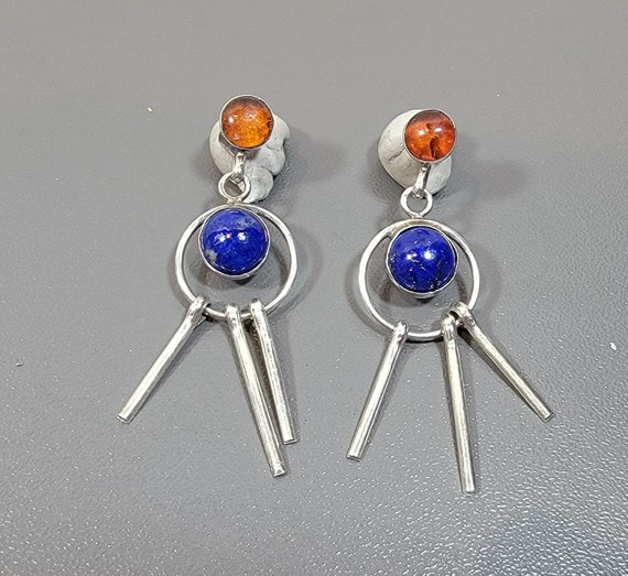 Sterling earrings dangle drop lapis agate cabochons handmade