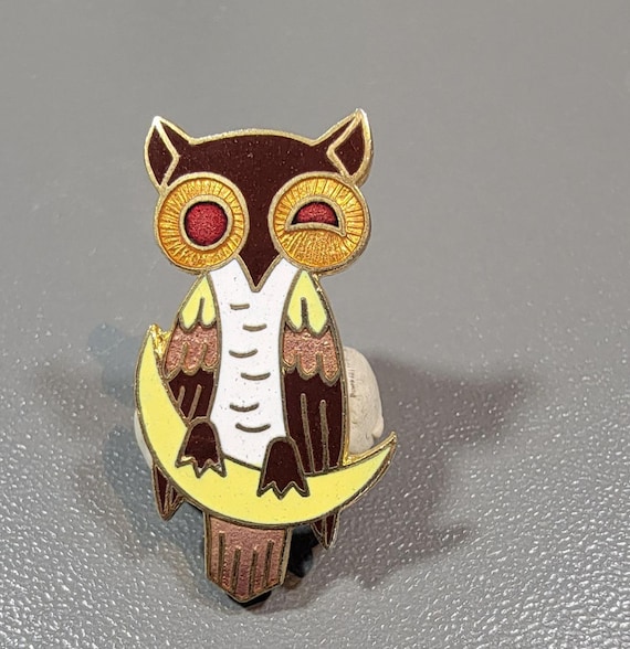 owl brooch whimsical design winking eye cloissone enamel