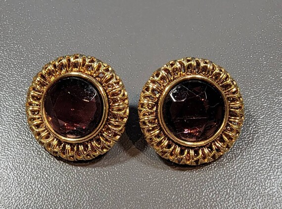 purple rhinestone earrings pierced filigree setting round