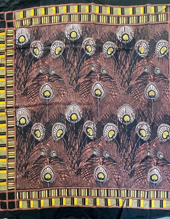 Peacock Feathers Cotton Scarf Rich Brown, Black and Yellow Colors Square Scarf