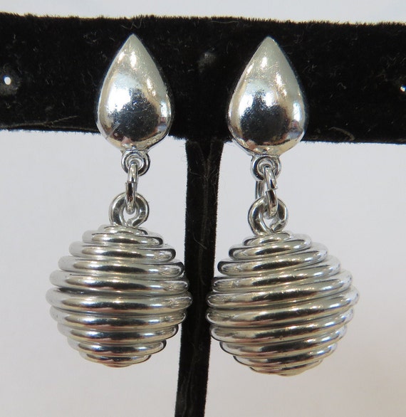 Silver tone earrings Big Bold Dangle drops Clip on Aluminum Ball beads