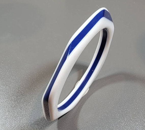 plastic bracelet blue and white laminated bangle square asymmetrical