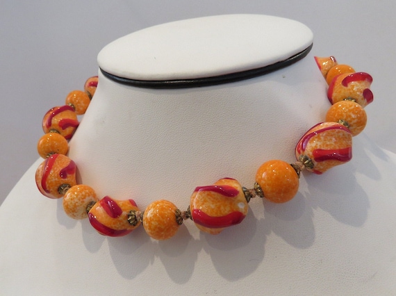 orange glass bead necklace red glass choker art beads