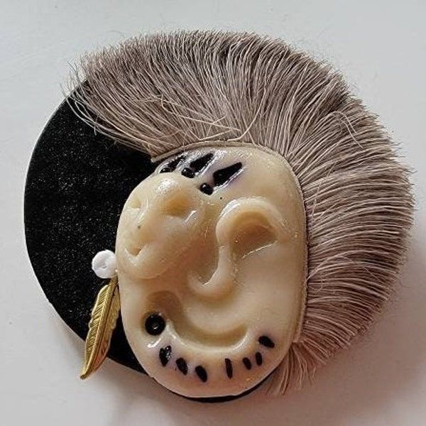 Mask brooch carved mixed materials seal fur alaskan souvenir