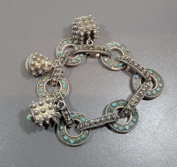 Etruscan revival bracelet charms Peruzzi style turquoise carved scarab