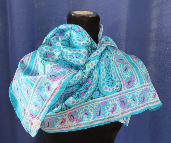 Aqua and Pink Silk Paisley scarf Hand printed OBL… - image 3