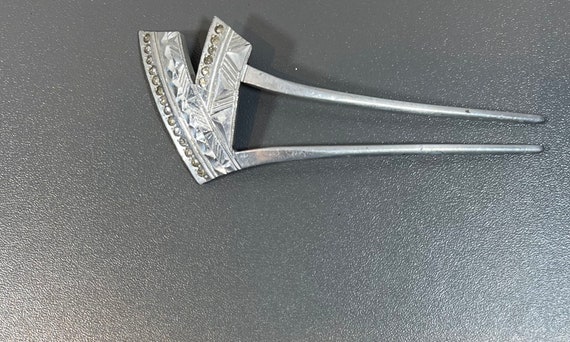 Victorian Aluminum Hair Pin with Rhinestones Large Circa 1870s