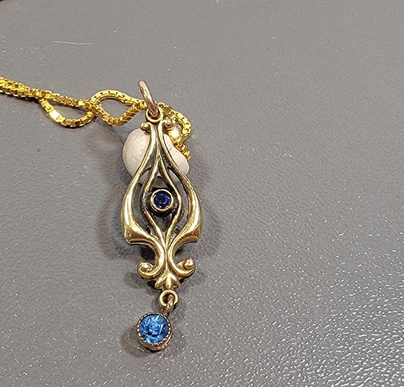 antique necklace dangle fake sapphire stones rolled gold and sterling silver chain