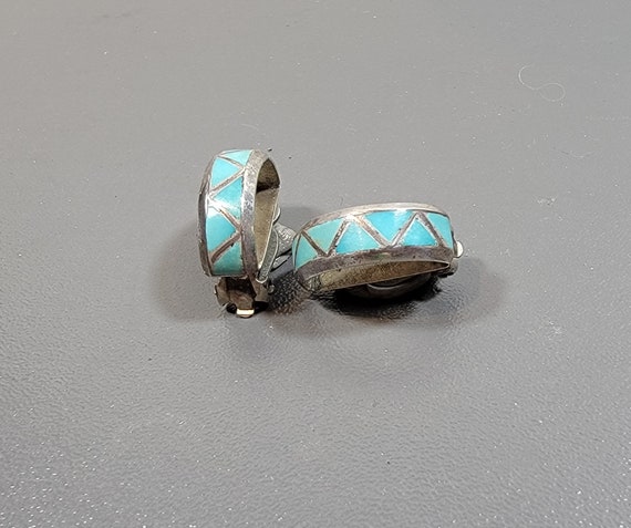 Turquoise earrings half hoops clip on channel inlay