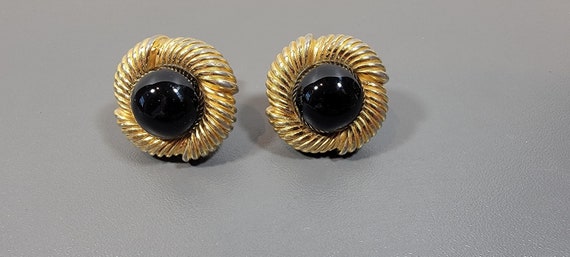 CINER earrings clip on gold tone black cabochon stones